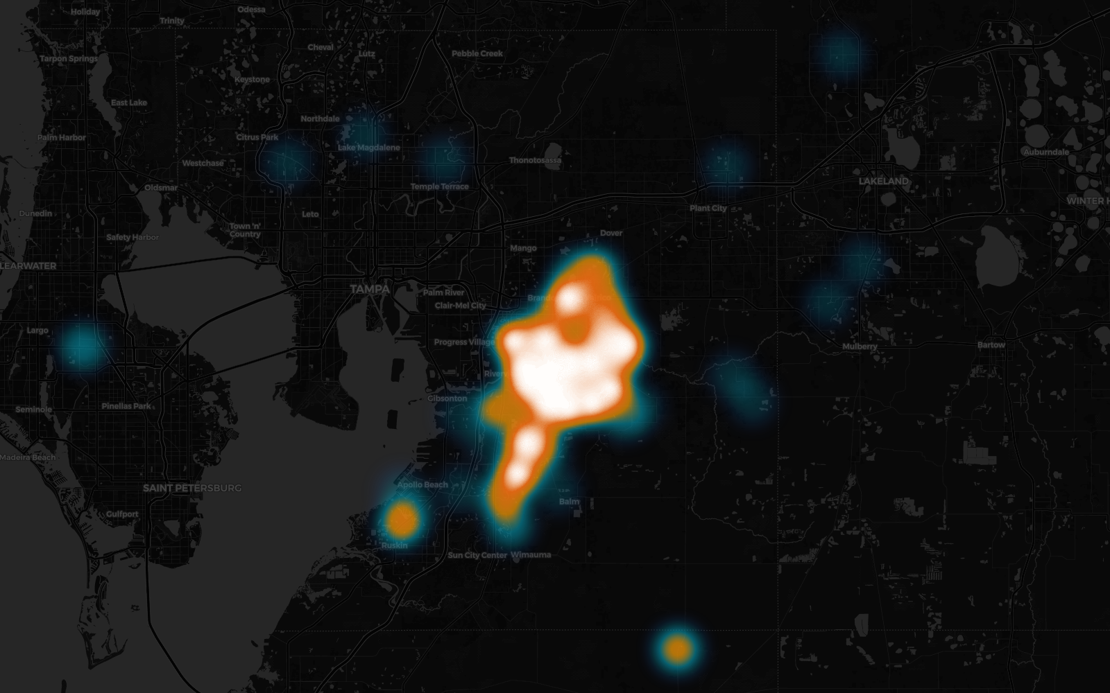 Density map of Overflow Church member home locations across the greater Tampa Bay area, showing the highest concentration in the Brandon, Valrico, and Riverview communities