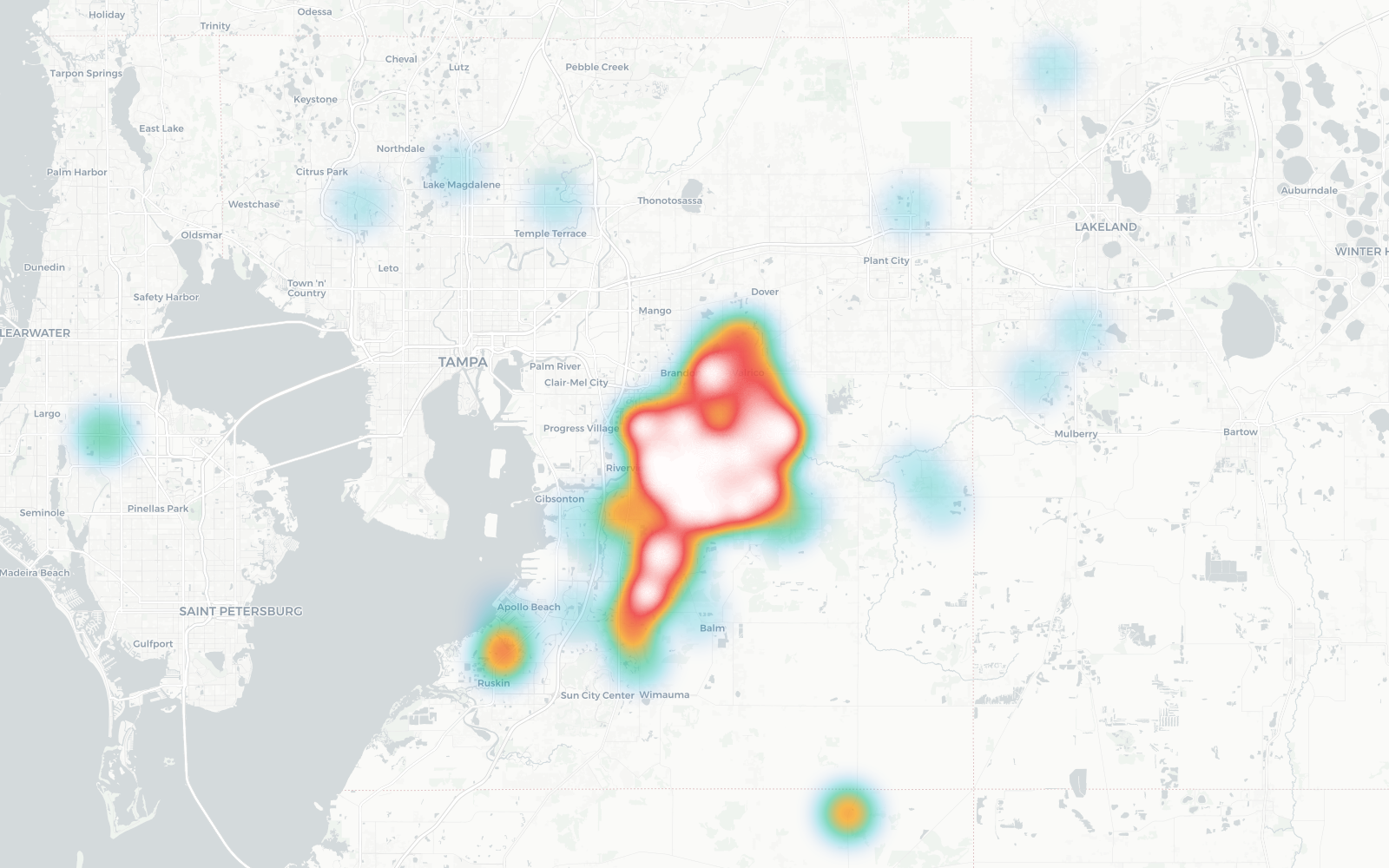Density map of Overflow Church member home locations across the greater Tampa Bay area, showing the highest concentration in the Brandon, Valrico, and Riverview communities